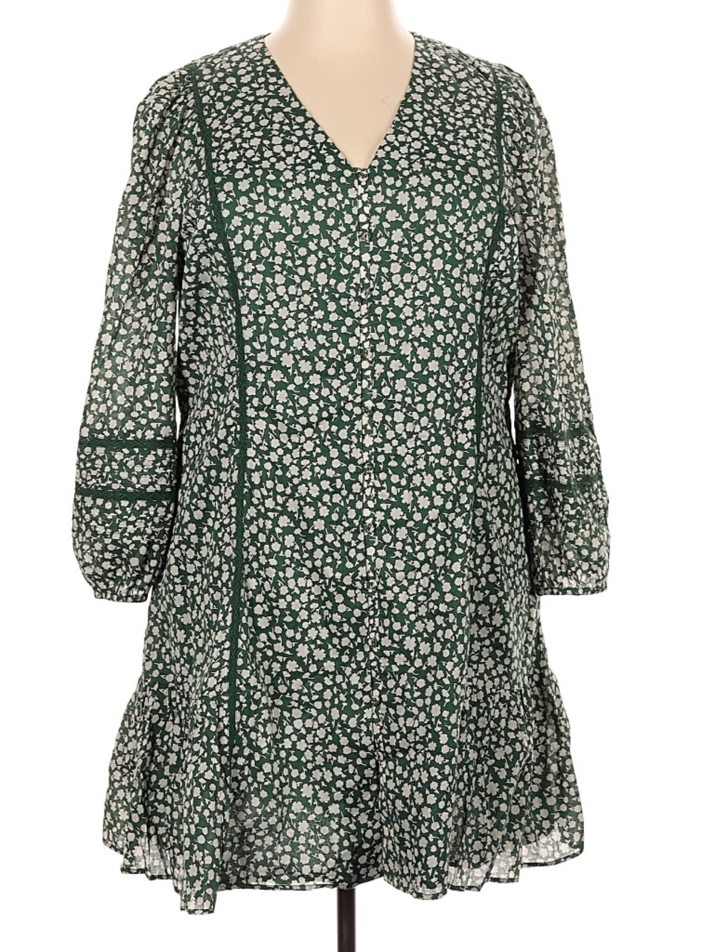 Draper James 100% Cotton Green Floral V Neck Long Sleeve Dress Sz XXL